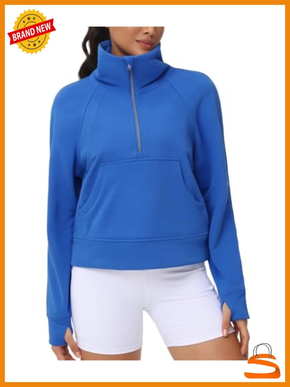 Fleece Lined Half Zip Crop Sweatshirt with Thumb Holes